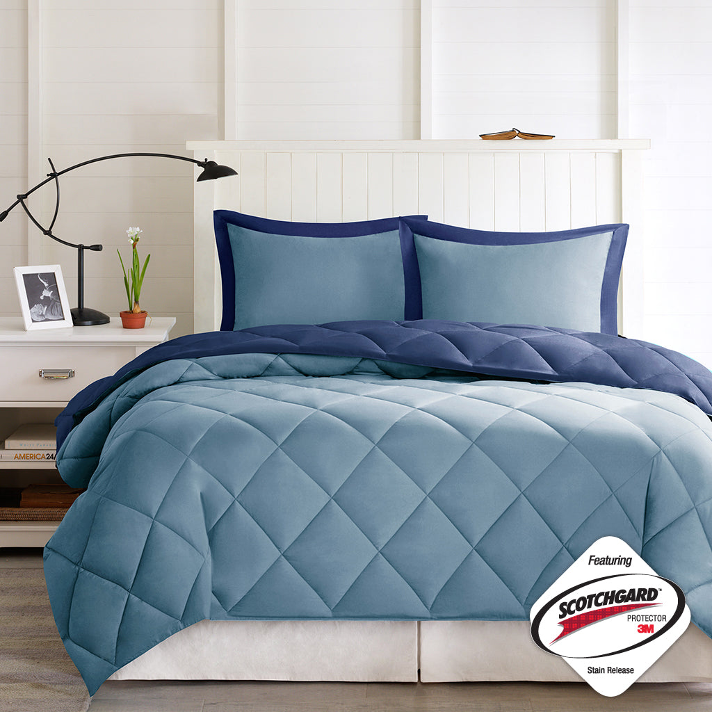 Twin/Twin XL Scotchgard Diamond Quilting reversible down-alternative comforter set in blue on Tampa Home & Garden Store