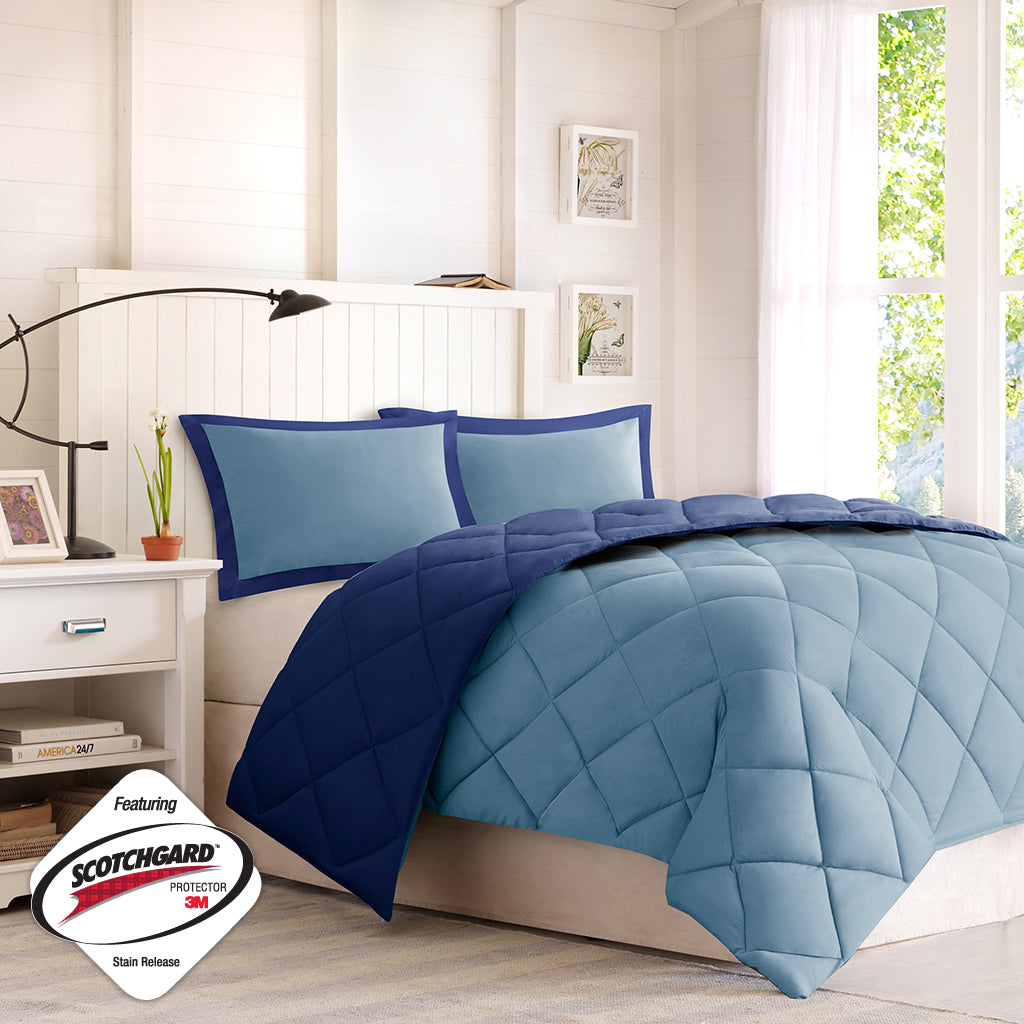 Twin/Twin XL blue 3M Scotchgard diamond quilted reversible down alternative comforter with shams on Tampa Home & Garden Store