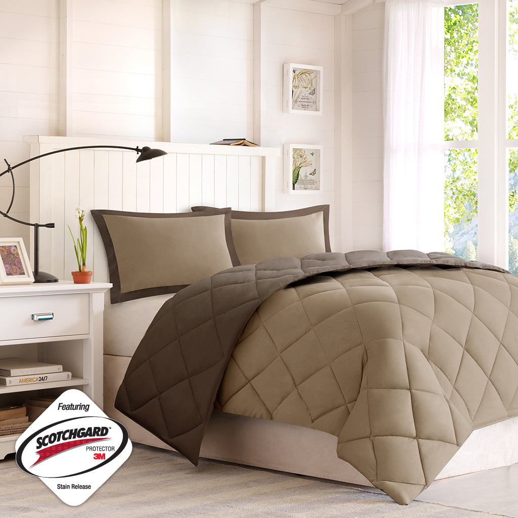 Full/Queen 3M Scotchgard Diamond Quilting reversible down alternative comforter set taupe brown on Tampa Home & Garden Store