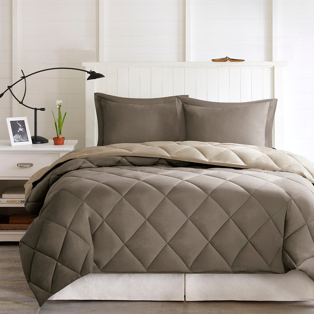 King size down alternative comforter set with diamond quilting in taupe, reversible on Tampa Home & Garden Store