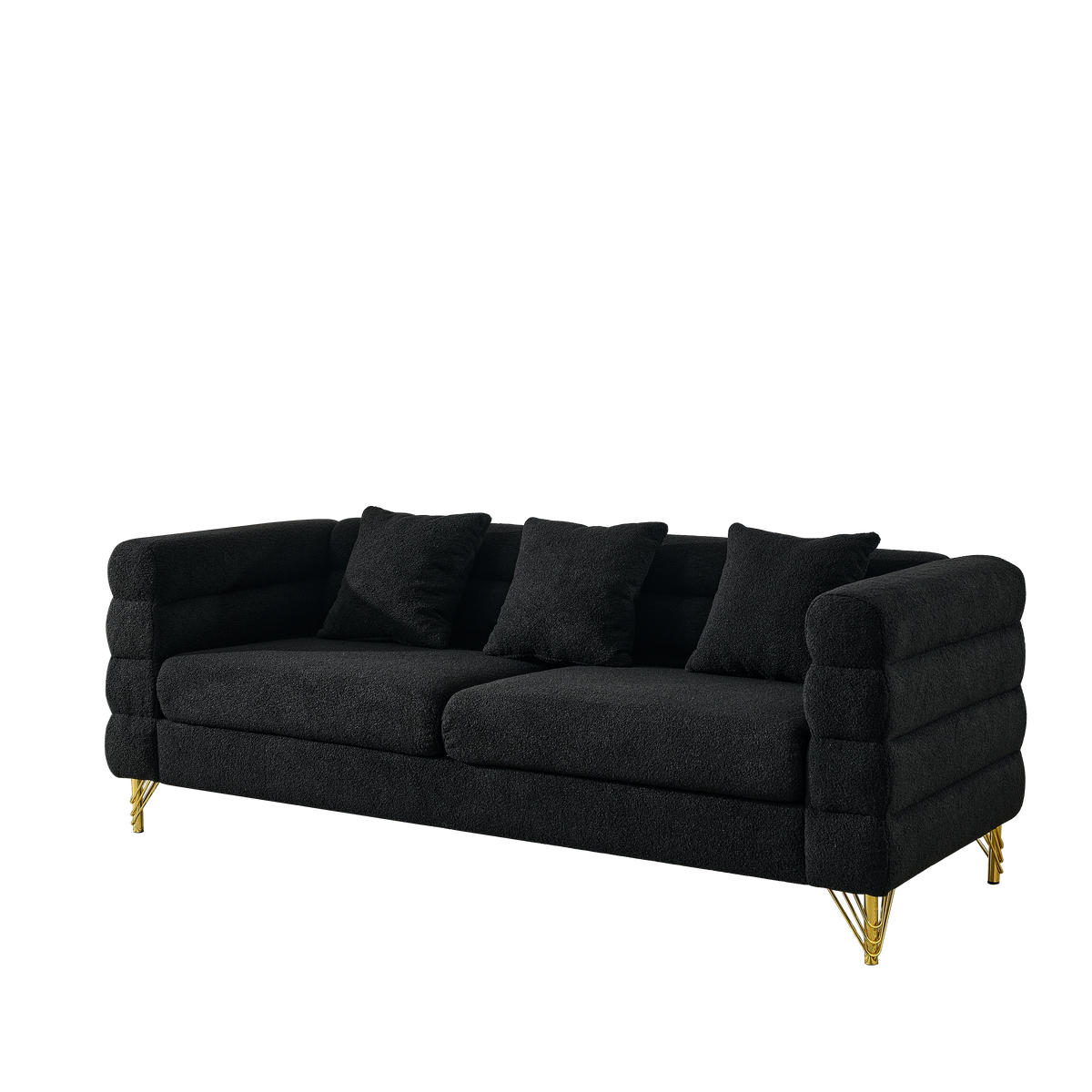 3-Seater + 3-Seater Black Teddy sofa by HouseOfZazla with plush boucle fabric and gold legs on Tampa Home & Garden Store