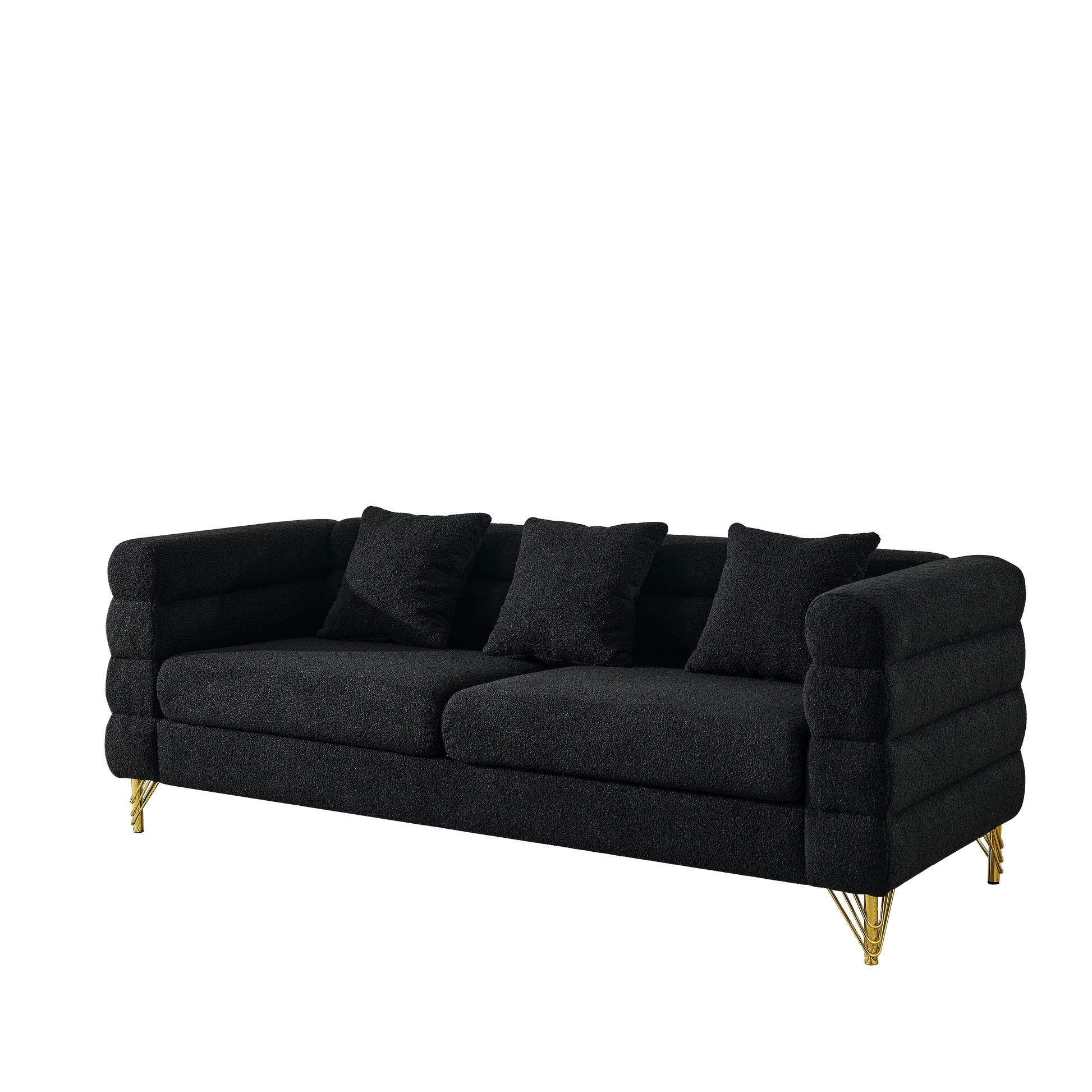 3-Seater + 3-Seater Black Teddy sofa by HouseOfZazla with plush boucle fabric and gold legs on Tampa Home & Garden Store