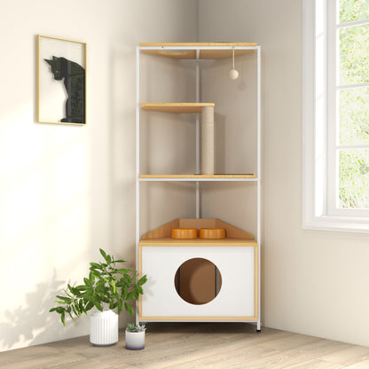 Corner Cat Tower by HouseOfZazla with scratching posts hanging ball feeding bowls on shelves on Tampa Home & Garden Store