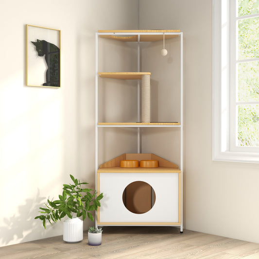Corner Cat Tower by HouseOfZazla with scratching posts hanging ball feeding bowls on shelves on Tampa Home & Garden Store