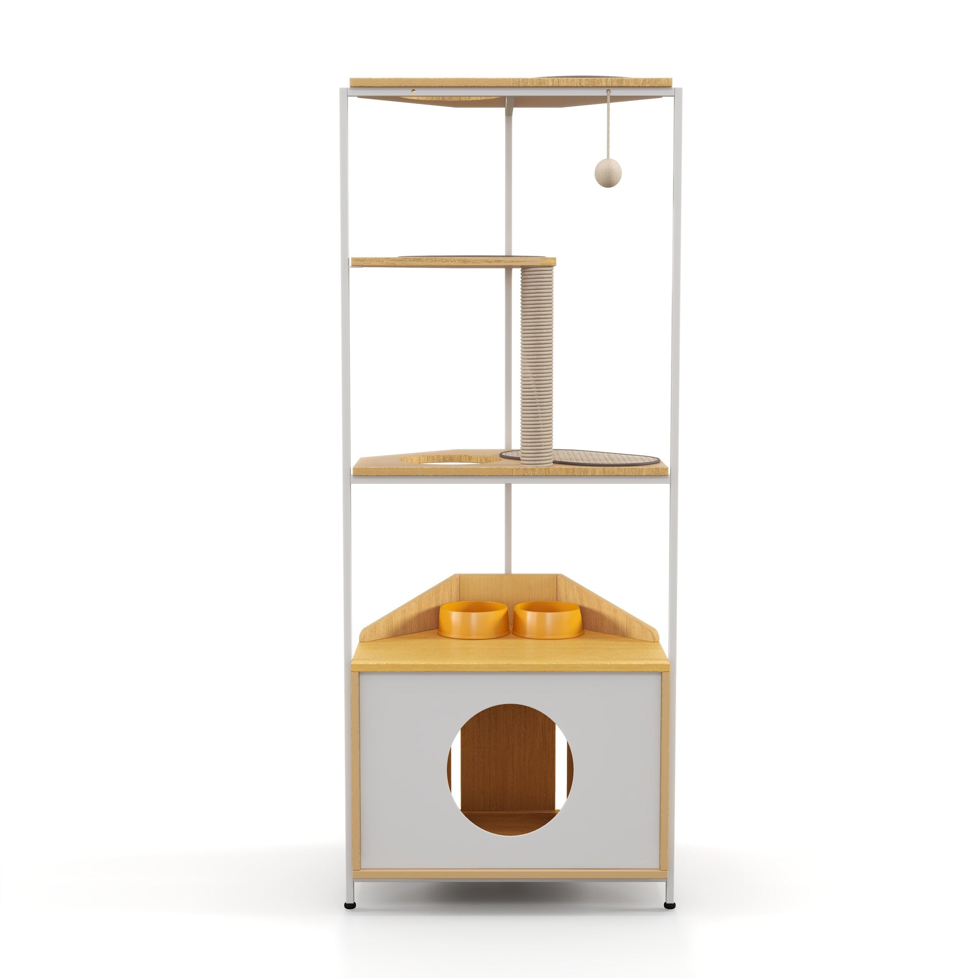 Corner Cat Tower with Scratching Post and Feeding Station by HouseOfZazla, gray frame on Tampa Home & Garden Store