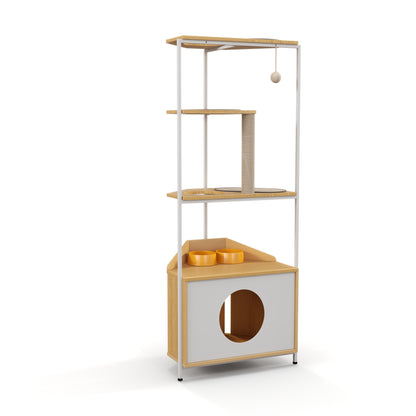 Corner Cat Tower with Scratching Post and Feeding Station by HouseOfZazla, wood/white, sisal post on Tampa Home & Garden Store