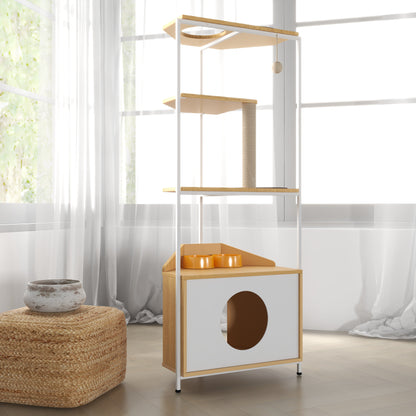 Corner Cat Tower with Scratching Post and Feeding Station in wood by HouseOfZazla on Tampa Home & Garden Store