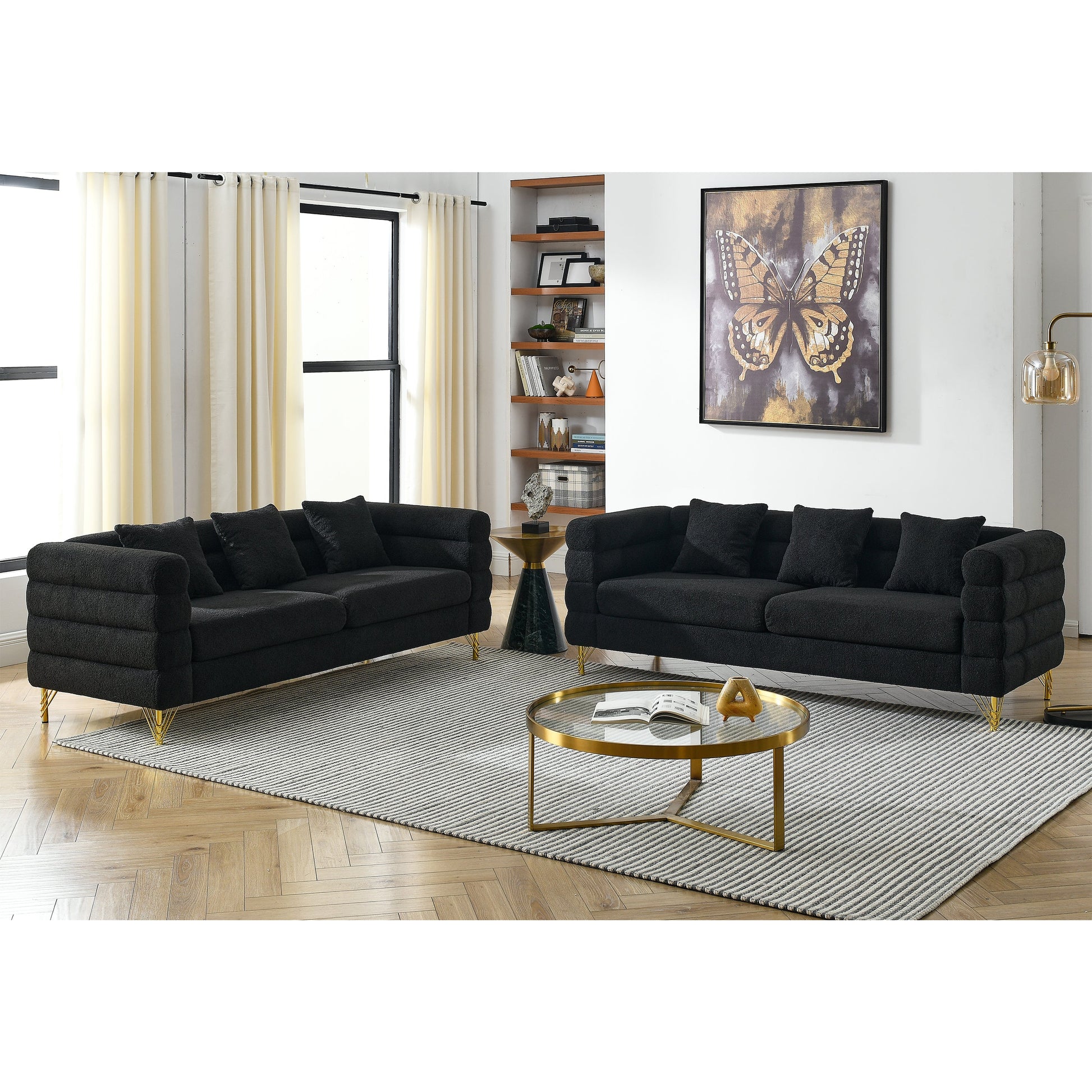 3-Seater + 3-Seater combination sofa in black teddy velvet with tufted cushions and gold legs on Tampa Home & Garden Store
