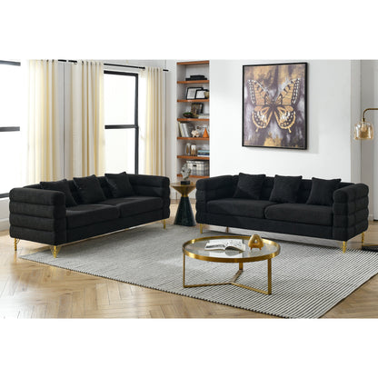3-Seater + 3-Seater combination sofa in black teddy velvet with tufted cushions and gold legs on Tampa Home & Garden Store