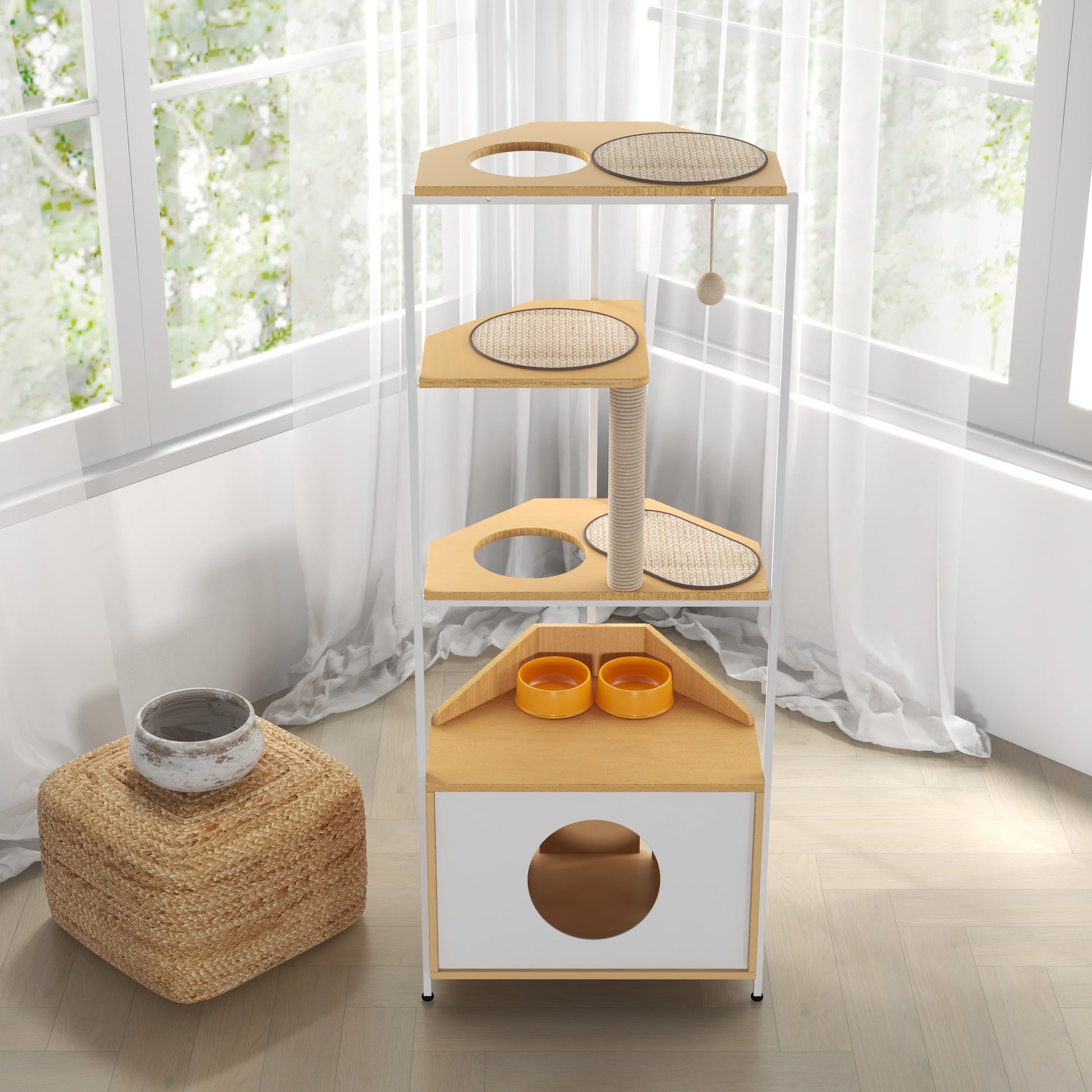 Corner Cat Tower with Scratching Post and Feeding Station by HouseOfZazla, wood frame with beige sisal mats on Tampa Home & Garden Store
