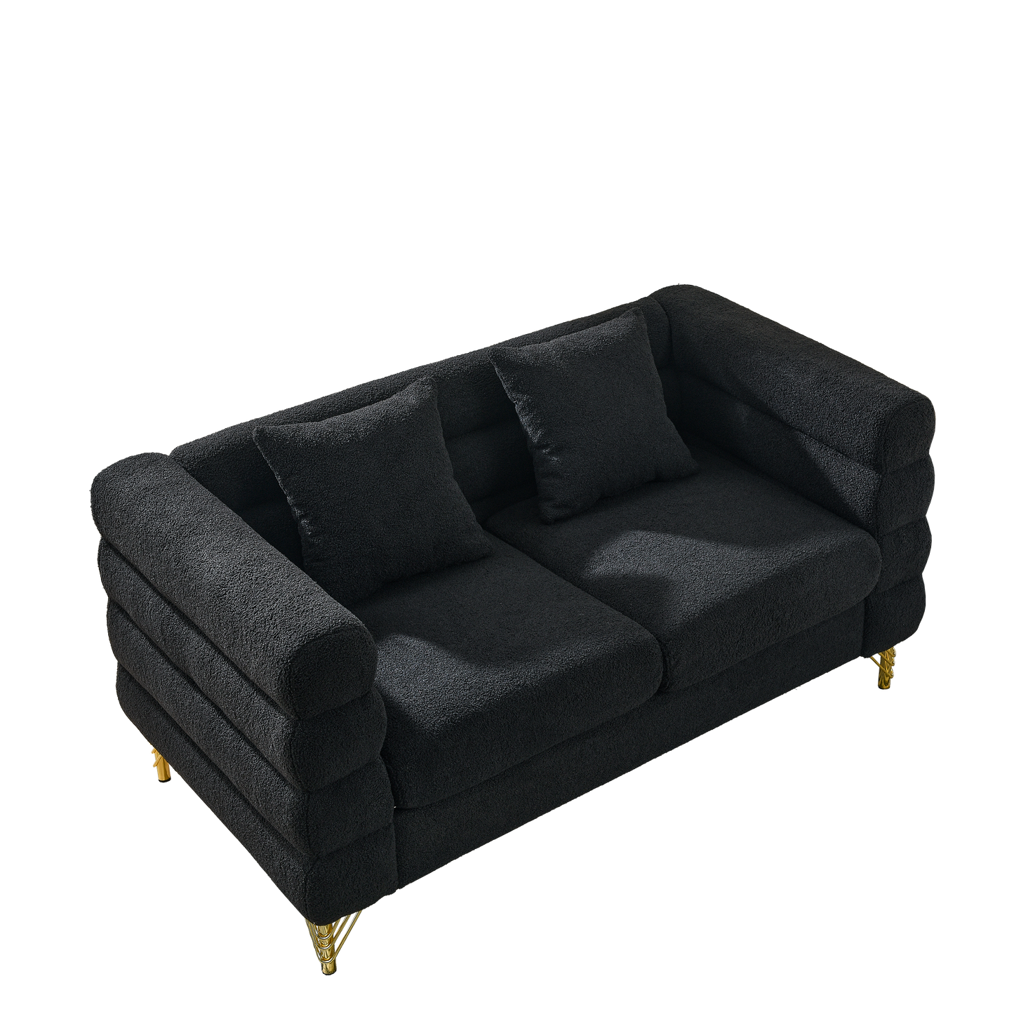 3-Seater + 3-Seater Combination Sofa - Black Teddy plush fabric, tufted cushions, gold legs on Tampa Home & Garden Store