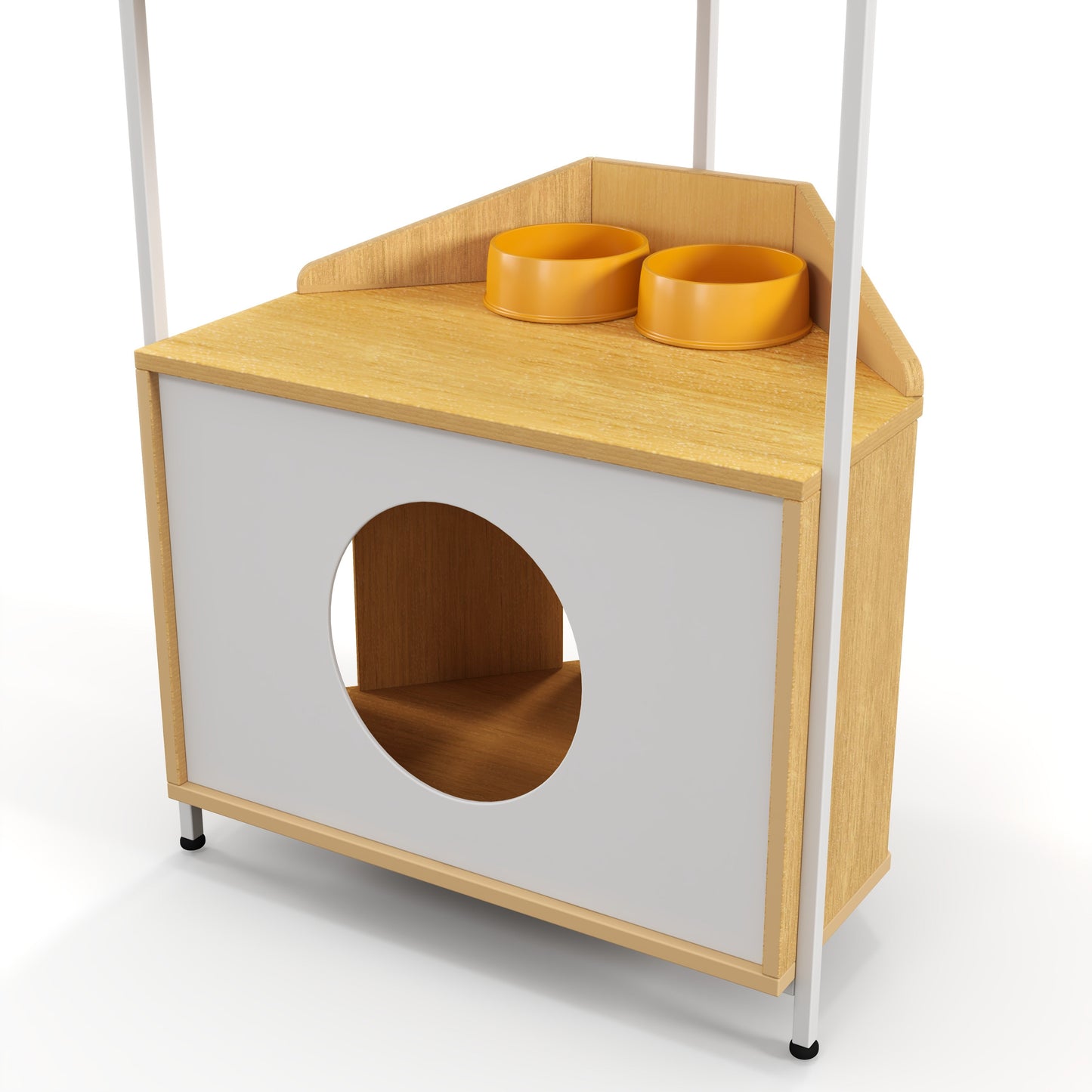 Corner Cat Tower with Scratching Post and Feeding Station, wood, orange bowls, HouseOfZazla on Tampa Home & Garden Store