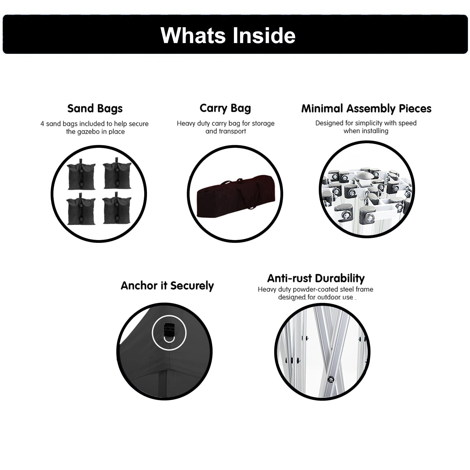 10x20 EZ Pop Up Canopy Tent contents by HouseOfZazla: 4 sand bags, carry bag, minimal assembly pieces on Tampa Home & Garden Store