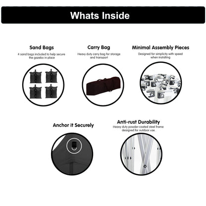 10x20 EZ Pop Up Canopy Tent contents by HouseOfZazla: 4 sand bags, carry bag, minimal assembly pieces on Tampa Home & Garden Store