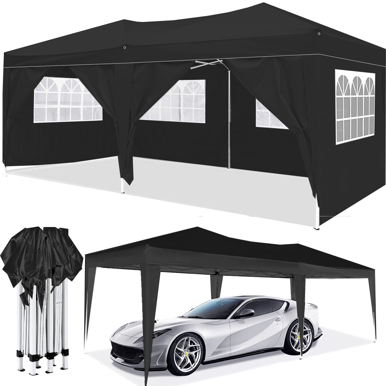 10x20 EZ Pop Up Canopy Tent with Removable Sidewalls, HouseOfZazla, black canopy with windowed side panels on Tampa Home & Garden Store