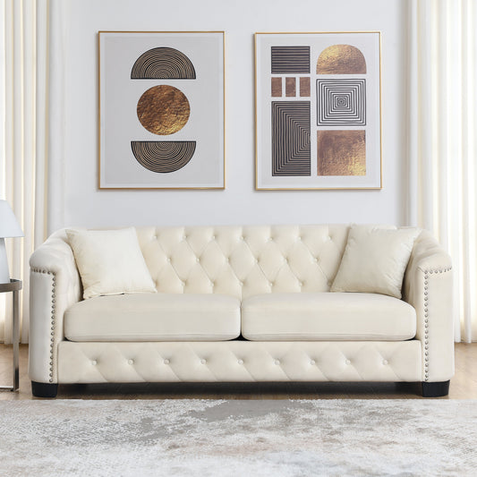 77-Inch Modern Chesterfield Velvet Sofa white velvet, tufted, nailhead trim on Tampa Home & Garden Store
