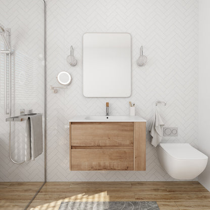 30 inch wall mount bathroom vanity with white gel sink atop natural wood cabinet on Tampa Home & Garden Store