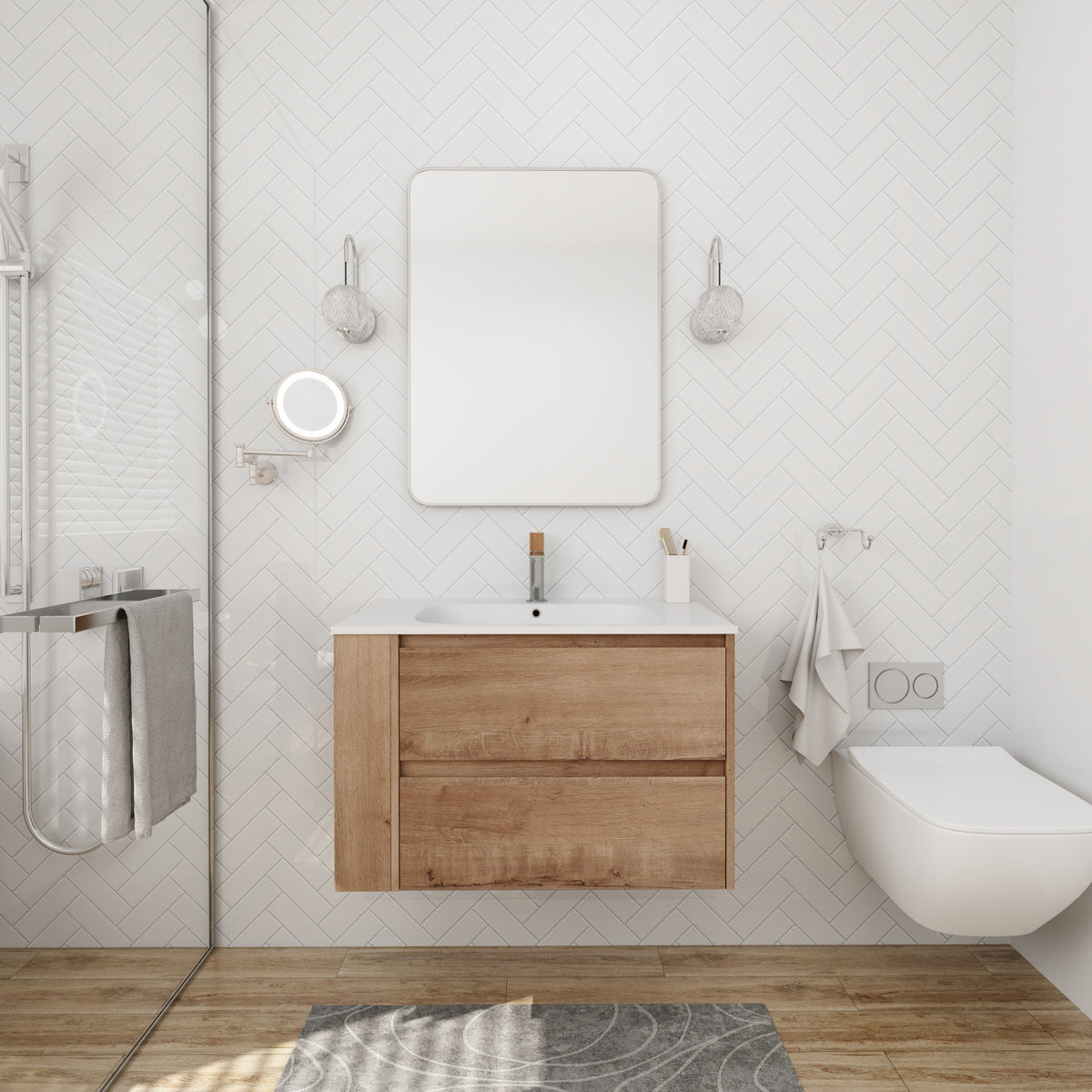 30 Inch wall-mount bathroom vanity with white gel sink and oak wood cabinet, chrome fixtures on Tampa Home & Garden Store