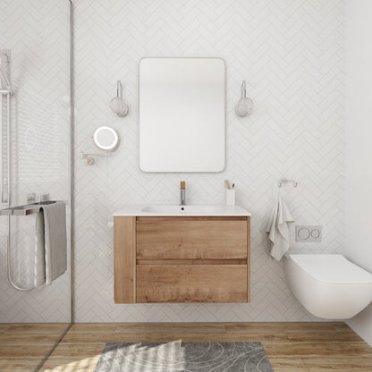 30 Inch wall-mount bathroom vanity with white gel sink and oak wood cabinet, chrome fixtures on Tampa Home & Garden Store
