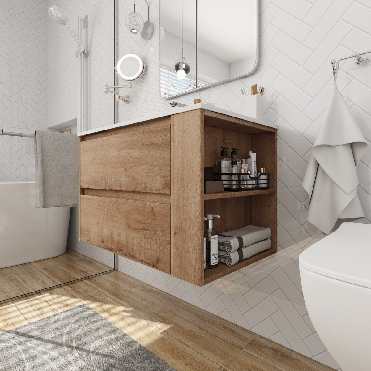 30 Inch Wall Mount Vanity with Gel Sink by HouseOfZazla, wood cabinet, white countertop on Tampa Home & Garden Store