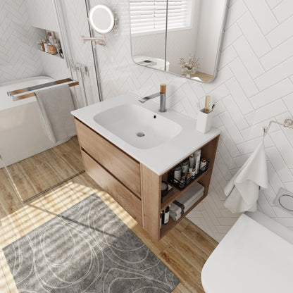 30-Inch wall-mount bathroom vanity with white gel sink, natural wood cabinet and chrome faucet on Tampa Home & Garden Store