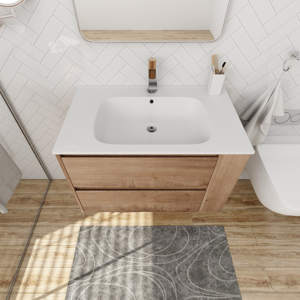 30 Inch Wall Mount Bathroom Vanity with Gel Sink by HouseOfZazla, white sink on wood base on Tampa Home & Garden Store