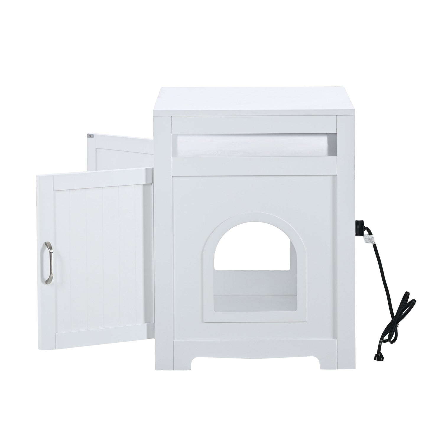 Litter Box Enclosure HouseOfZazla white cabinet with front door, round entry, hidden plug on Tampa Home & Garden Store