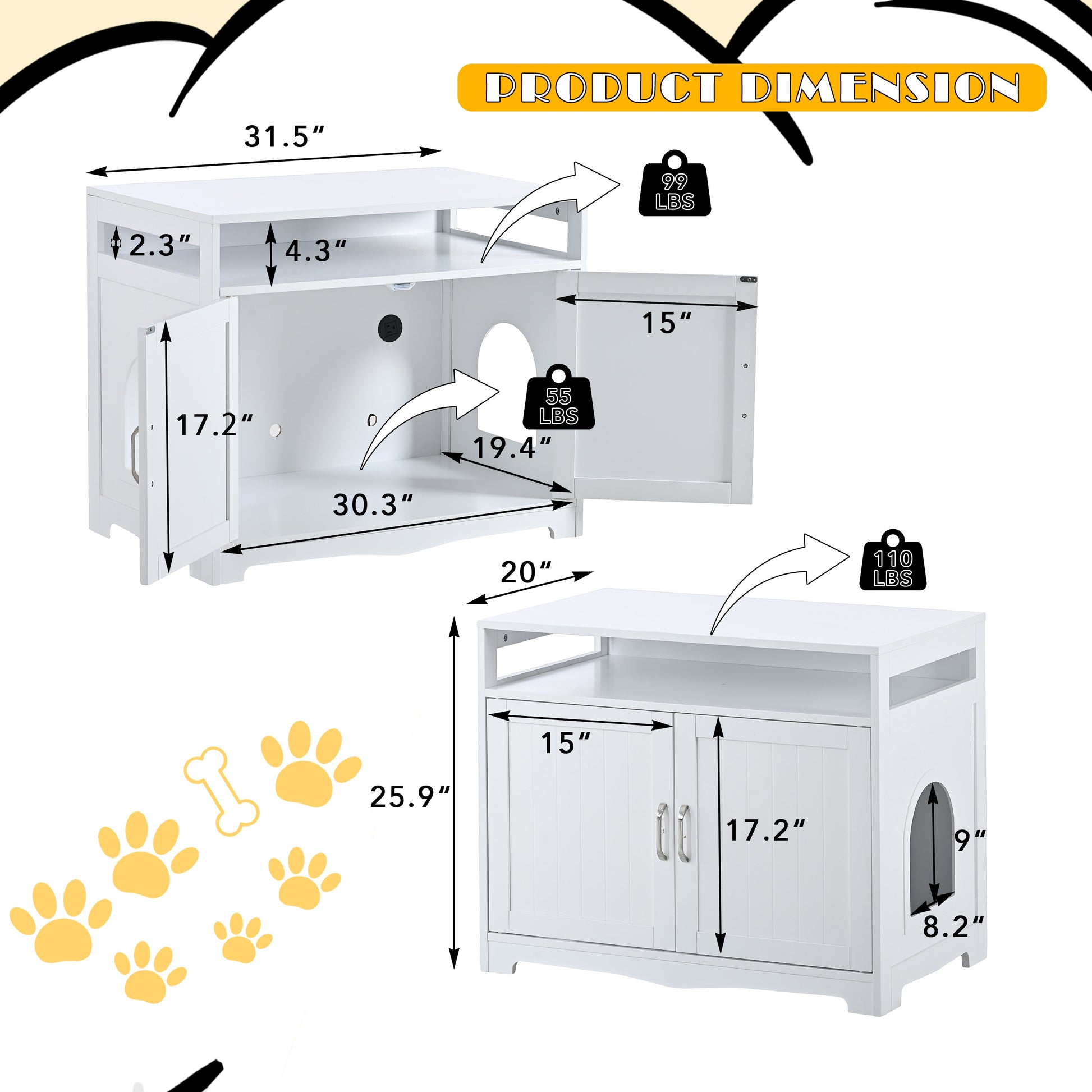 Litter Box Enclosure by HouseOfZazla, white wooden cabinet with hidden plug, 31.5in wide on Tampa Home & Garden Store