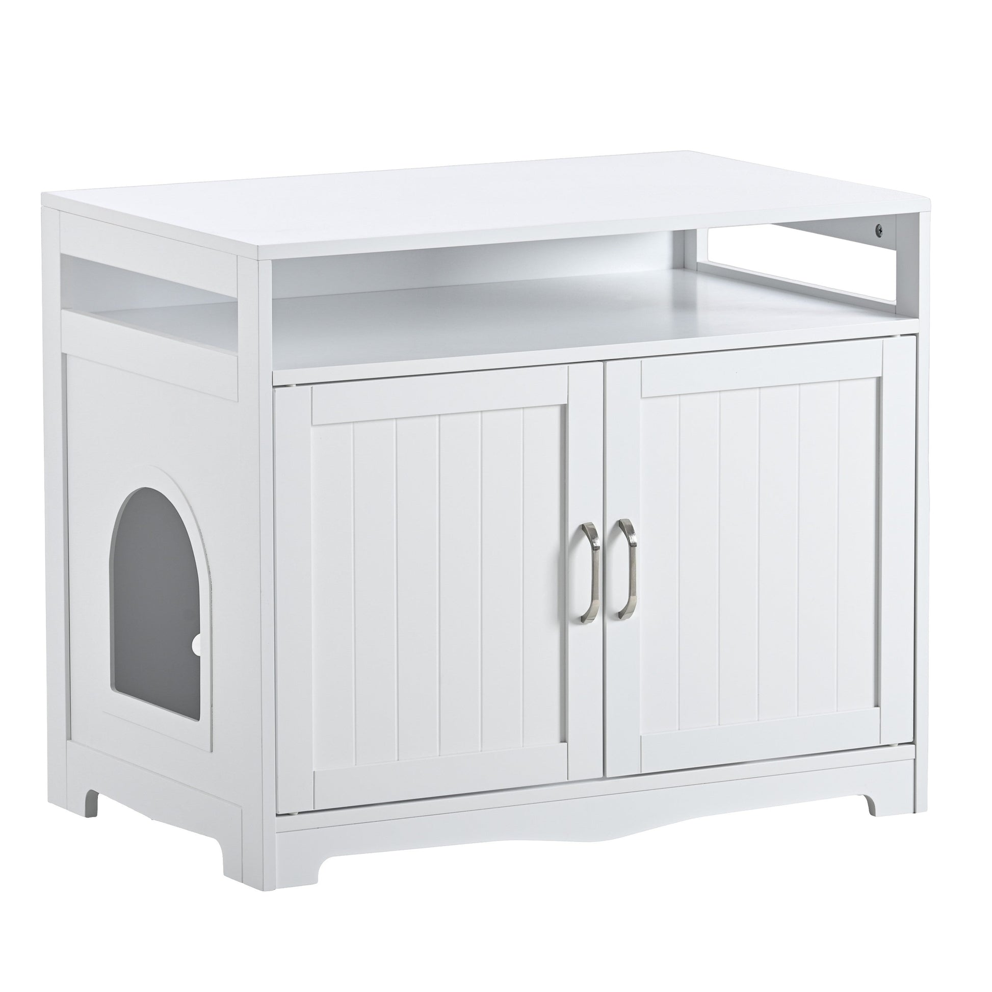 White wood litter box enclosure cabinet with cat entrance and hidden plug by HouseOfZazla on Tampa Home & Garden Store