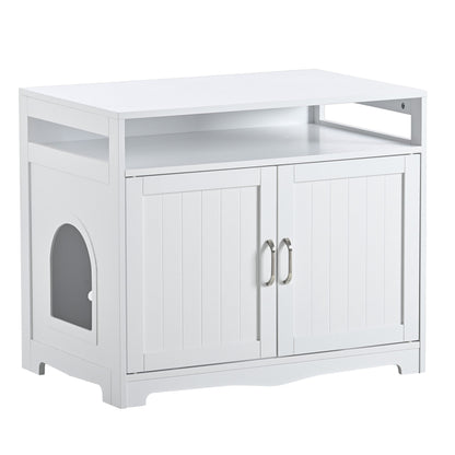 White wood litter box enclosure cabinet with cat entrance and hidden plug by HouseOfZazla on Tampa Home & Garden Store