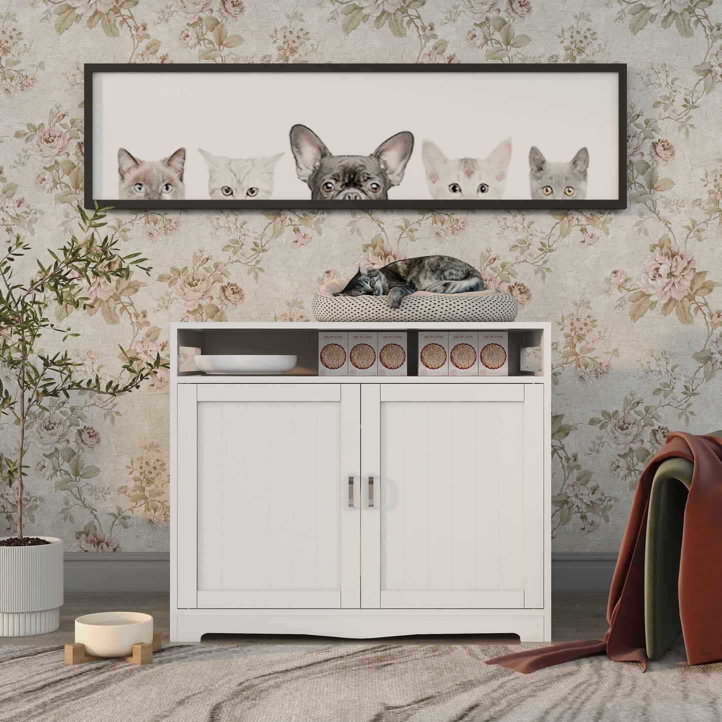 Litter box enclosure by HouseOfZazla, white wood with hidden plug, cat bed on top on Tampa Home & Garden Store