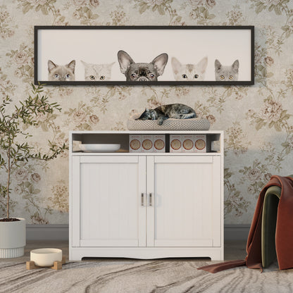 Litter box enclosure by HouseOfZazla, white wood with hidden plug, cat bed on top on Tampa Home & Garden Store