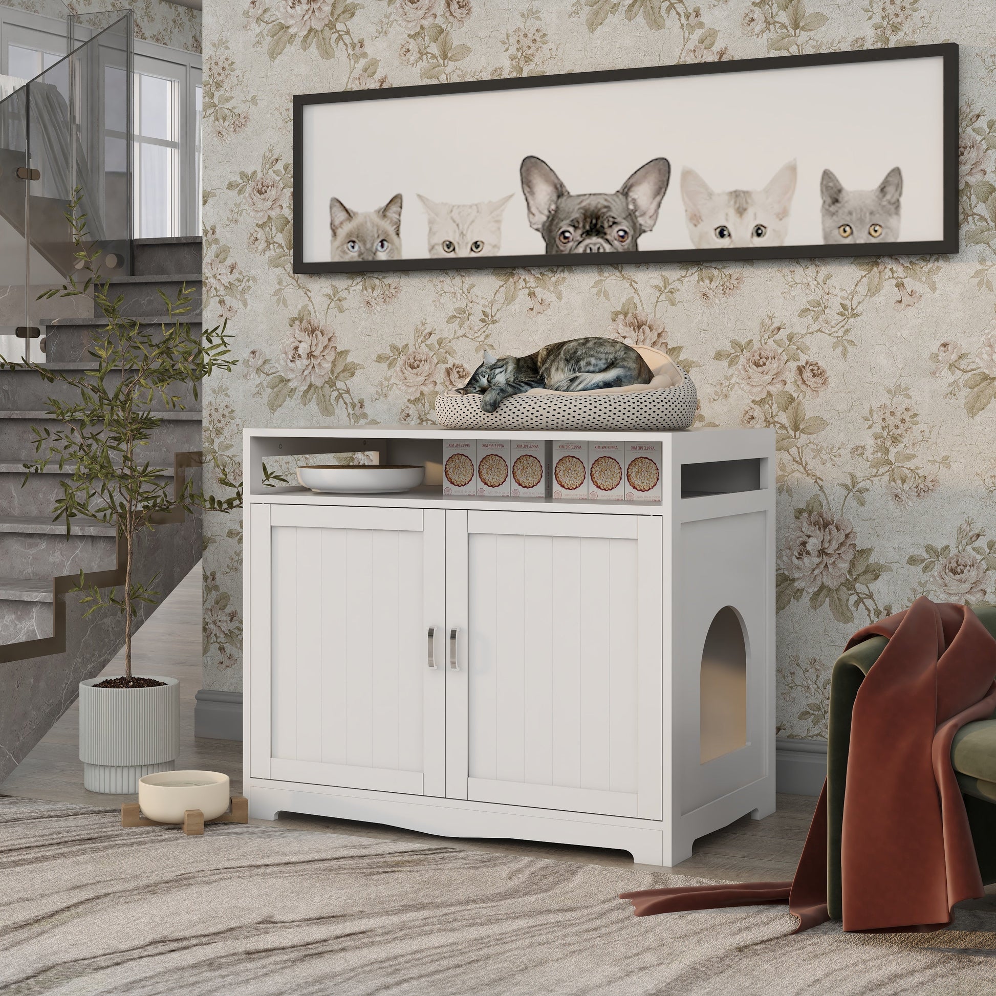 Litter Box Enclosure by HouseOfZazla white wood cabinet with hidden plug and cat bed on top on Tampa Home & Garden Store