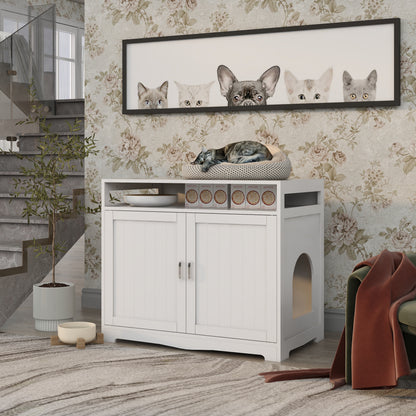 Litter Box Enclosure by HouseOfZazla white wood cabinet with hidden plug and cat bed on top on Tampa Home & Garden Store