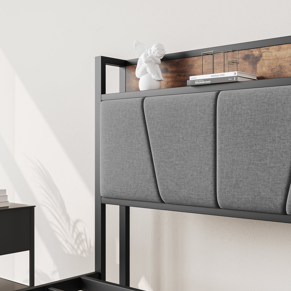 Full-size bed frame with storage headboard, black metal frame and gray upholstered panels on Tampa Home & Garden Store