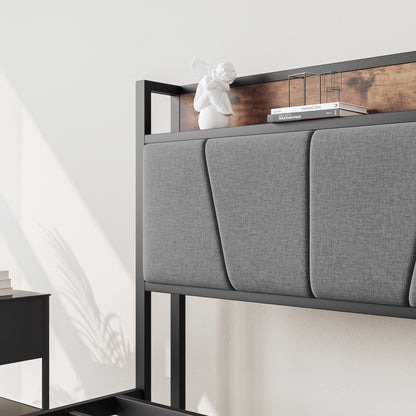 Full-size bed frame with storage headboard, black metal frame and gray upholstered panels on Tampa Home & Garden Store