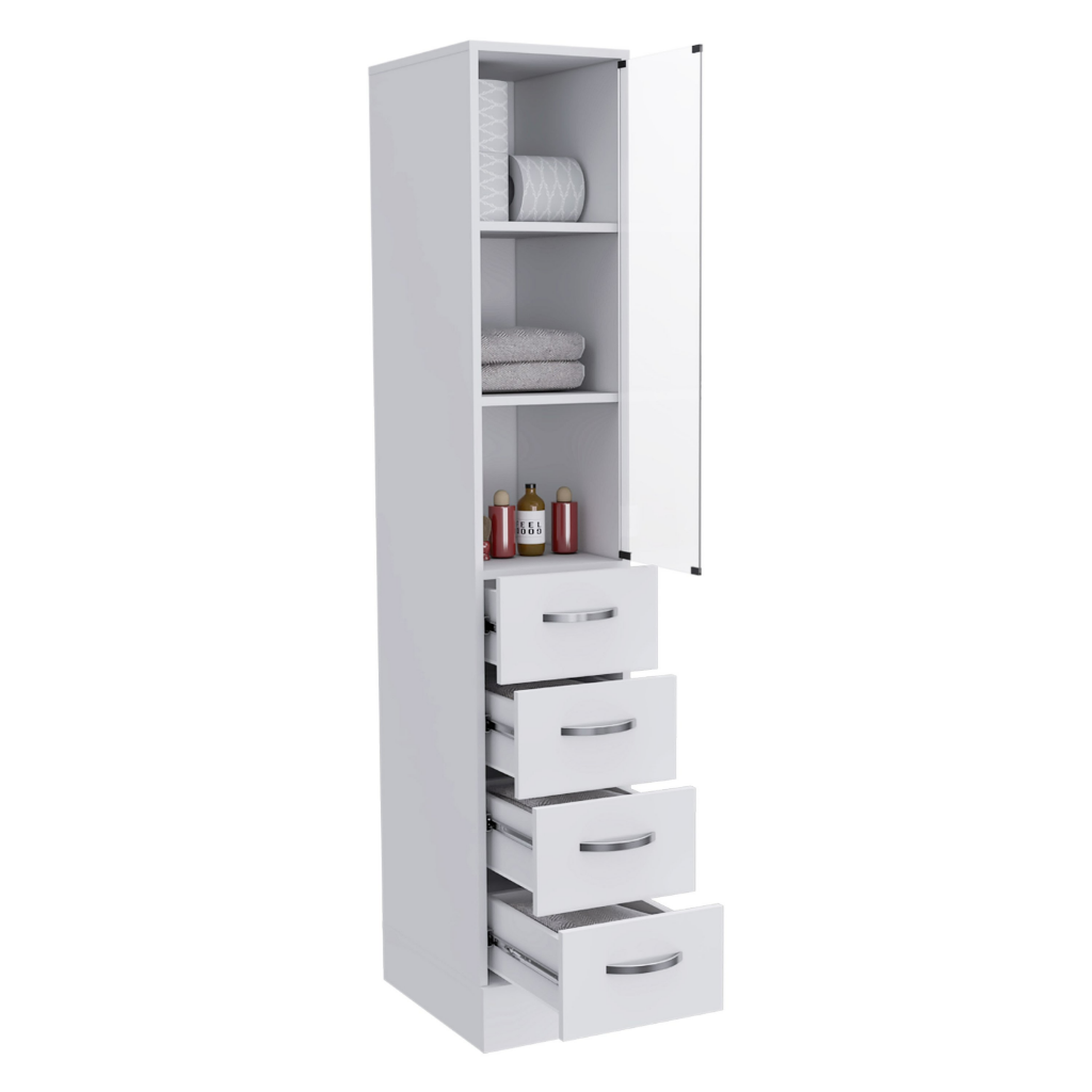 White bathroom storage cabinet with glass-front door, open shelves, drawers HouseOfZazla on Tampa Home & Garden Store