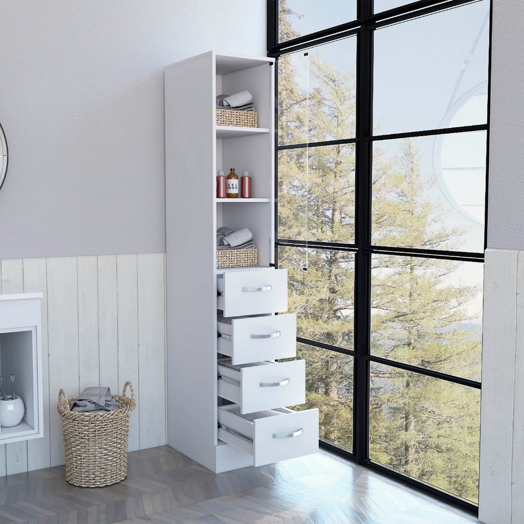White bathroom storage cabinet with five drawers and open shelves, baskets and towels inside on Tampa Home & Garden Store