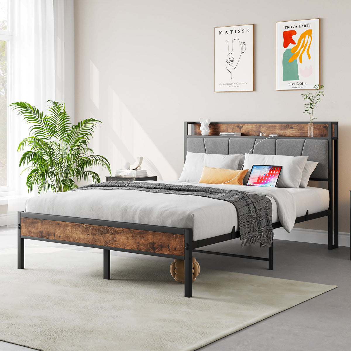 HouseOfZazla full size bed frame with storage headboard, gray upholstery, wood panel accents on Tampa Home & Garden Store