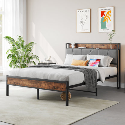 HouseOfZazla full size bed frame with storage headboard, gray upholstery, wood panel accents on Tampa Home & Garden Store