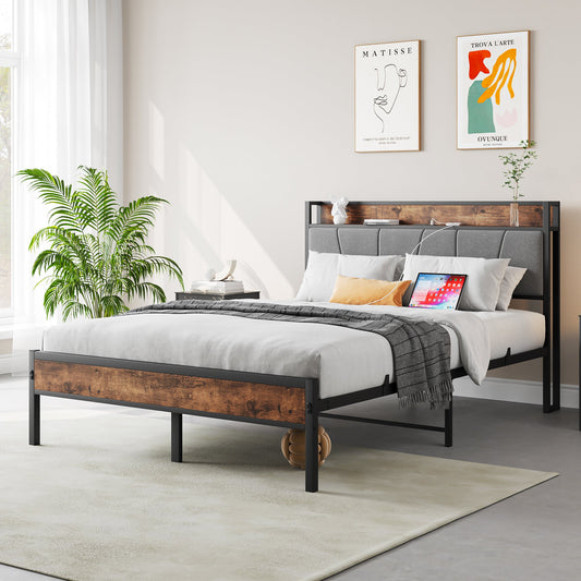 HouseOfZazla full size bed frame with storage headboard, gray upholstery, wood panel accents on Tampa Home & Garden Store