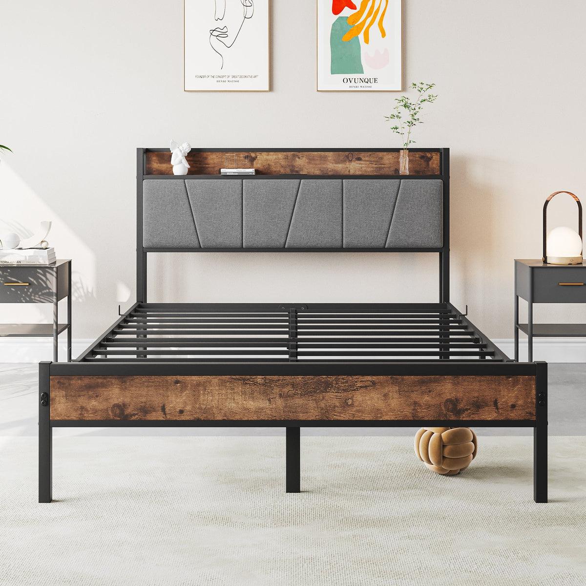 Full size bed frame with storage headboard in black metal, natural wood panel and gray upholstery HouseOfZazla on Tampa Home & Garden Store