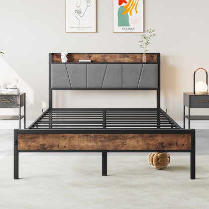 Full size bed frame with storage headboard in black metal, natural wood panel and gray upholstery HouseOfZazla on Tampa Home & Garden Store