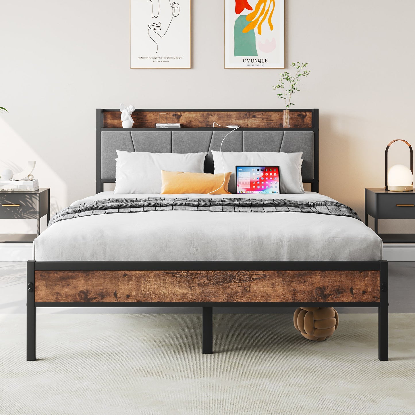 Full size bed frame with storage headboard, dark metal frame and wood by HouseOfZazla on Tampa Home & Garden Store