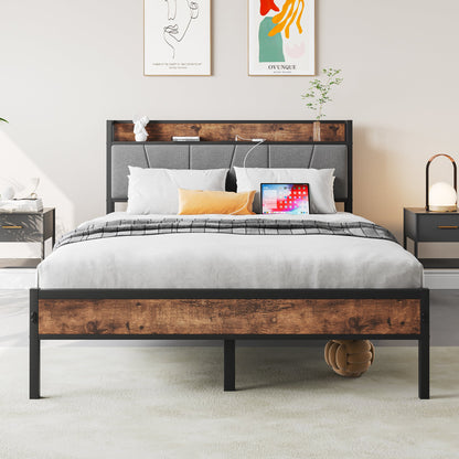 Full size bed frame with storage headboard, dark metal frame and wood by HouseOfZazla on Tampa Home & Garden Store