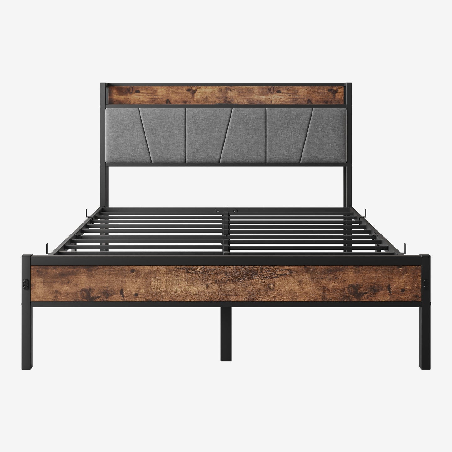 Full Size Bed Frame with Storage Headboard, black metal frame, wood-grain headboard on Tampa Home & Garden Store