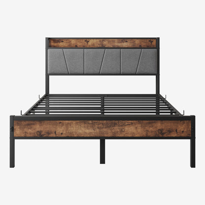 Full Size Bed Frame with Storage Headboard, black metal frame, wood-grain headboard on Tampa Home & Garden Store