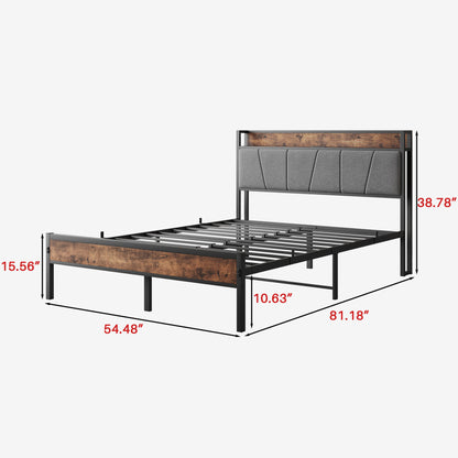 Full Size Bed Frame with Storage Headboard in black metal frame with wood accents on Tampa Home & Garden Store