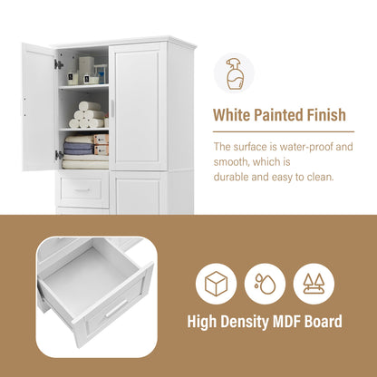 Tall white bathroom storage cabinet with doors; left door open shows towels, candles, and toiletries on Tampa Home & Garden Store