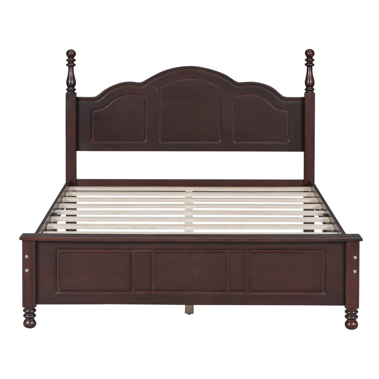 Full-size wood platform bed frame in dark brown with arched headboard and posts HouseOfZazla on Tampa Home & Garden Store